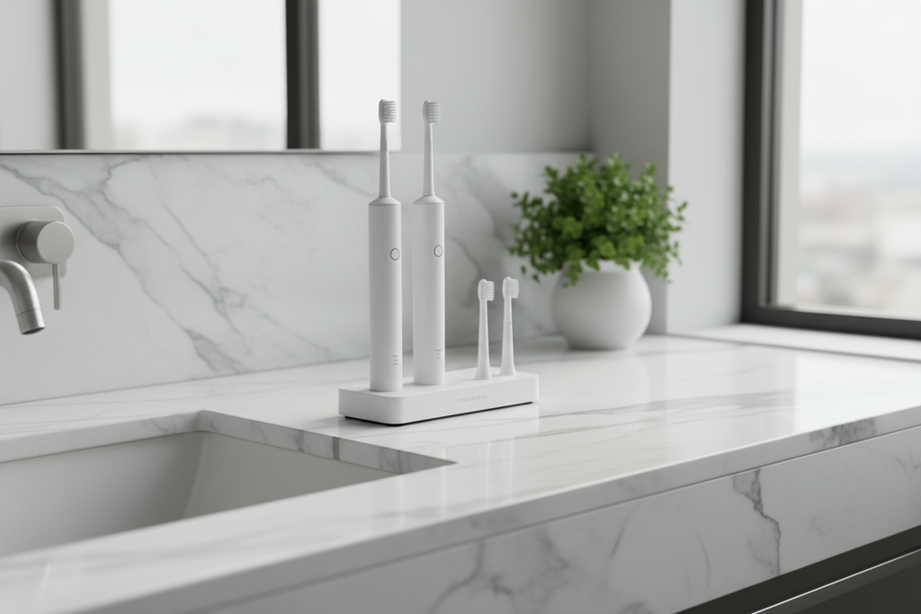 Base de carga doble cepillos eléctricos en baño
