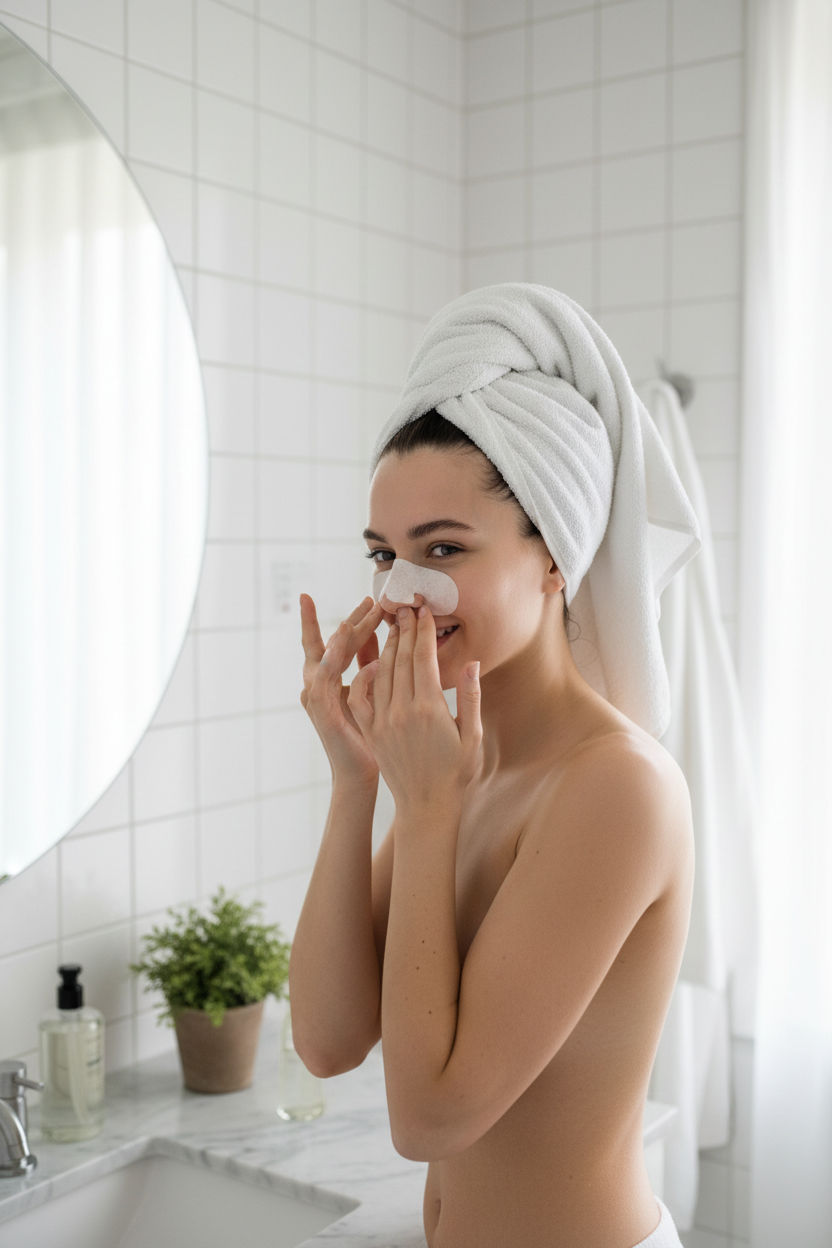 Chica aplicando parche nasal tras la ducha