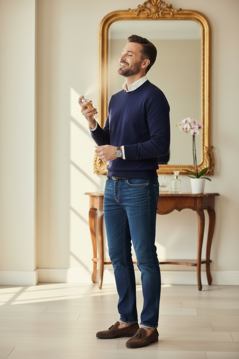Hombre con perfume frente al espejo