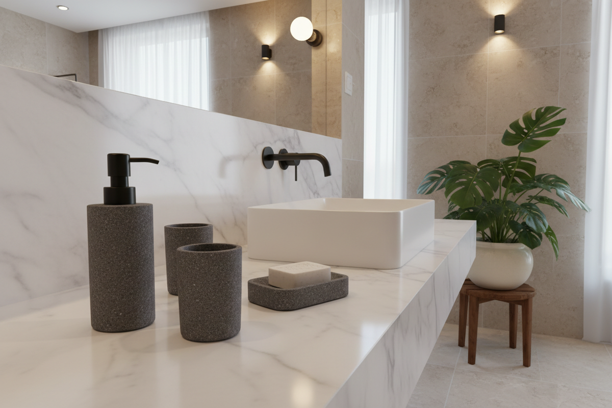 Set de baño piedra natural en baño de lujo